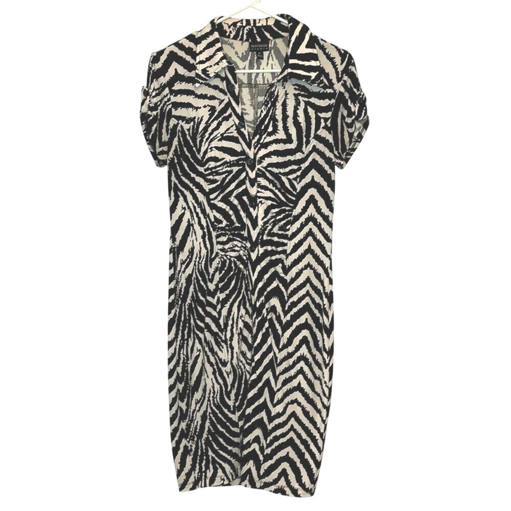 En Focus Studio Zebra Print Shirt Dress Black White Cap Sleeve Women’s 10